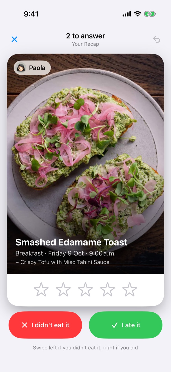 The “Your Recap” card asking whether a meal was eaten