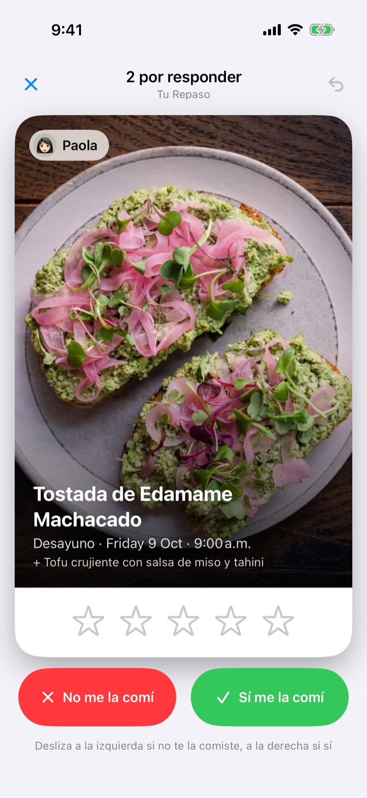 La tarjeta de “Tu Repaso” preguntando si una comida se comió